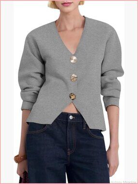 Elegant V-Neck Gold Button Cropped Cardigan Sweater